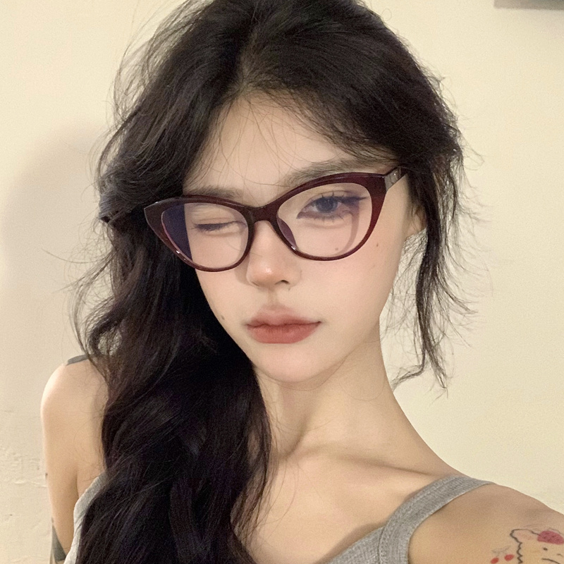 复古酒红色猫眼素颜眼镜可配度数