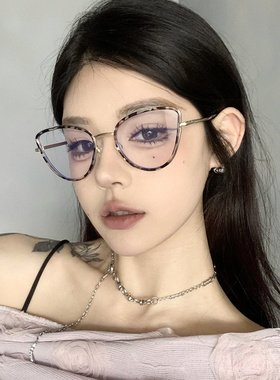 复古玳瑁猫眼镜框女款近视可配度数高级感豹纹素颜显脸小平光镜架