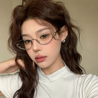 复古半框金属银色猫眼镜框配度数