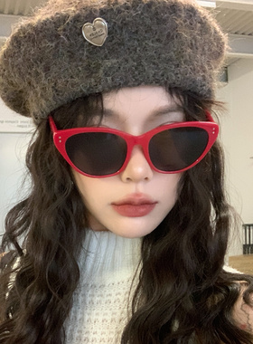 复古红色框猫眼高级感太阳眼镜女潮方圆脸显瘦度假风防紫外线墨镜