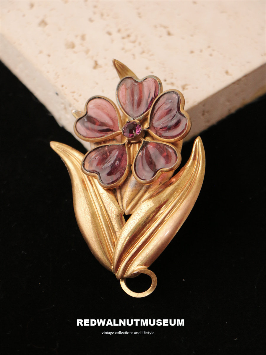 老物件 紫色浇铸琉璃 黄铜五瓣花叶子中古胸针