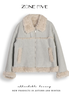 zonefive仿羊羔毛外套女 冬季新款皮草小个子加厚韩版上衣机车服