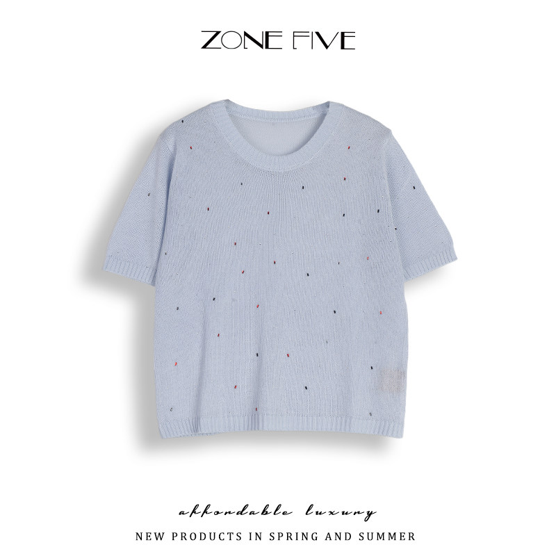 zonefive夏季新款韩系薄款针织T恤女 百搭圆领宽松显瘦短袖小衫
