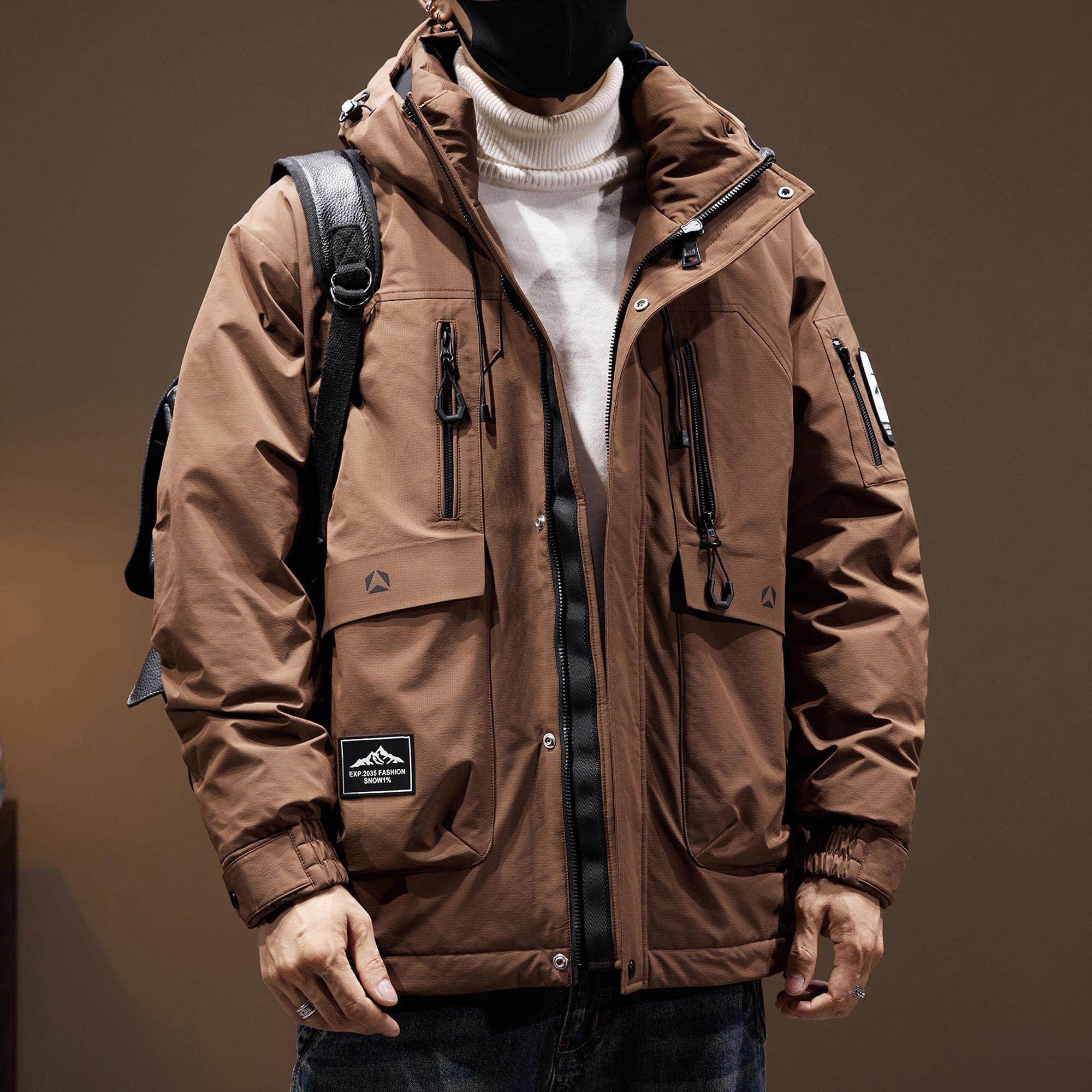 高端美式90%灰鸭绒工装羽绒服男士秋冬宽松大码保暖上衣连帽外套