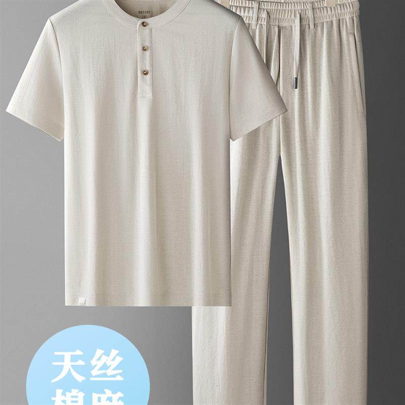 夏季超薄款棉麻套装男运动休闲亚麻短袖t恤中年天丝男士两件套