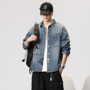 有术韩版宽松潮牌水洗牛仔衬衫秋季男休闲复古潮牌痞帅大码外套