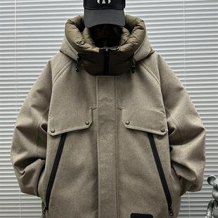 高级感毛呢拼接字母刺绣连帽羽绒服男潮牌冬季加厚短款白鸭绒外套