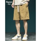 工装 宽松直筒五分亚麻休闲百搭中裤 短裤 透气棉麻裤 男夏季 日系薄款