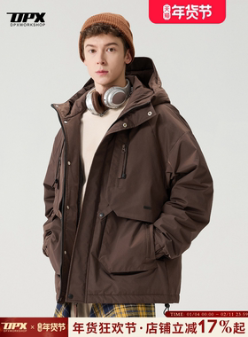 DPX90白鸭绒工装连帽羽绒服男款冬季美式大码宽松户外加厚外套男
