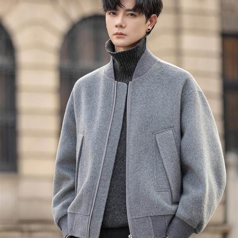 耗牛绒双面羊毛呢子大衣外套男士短款新款秋冬季高级感棒球领夹克