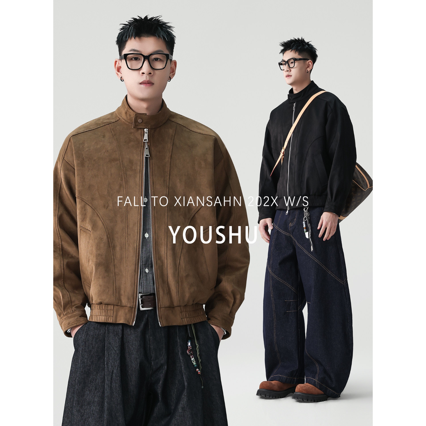 美式潮牌复古立领麂皮夹克男2026春季新款拼接剪裁短款廓形