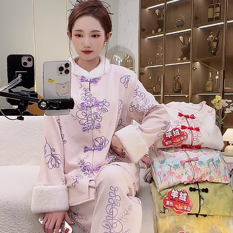 睡衣女羊绒冬季加厚毛领套装宽松