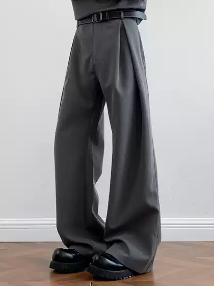Korean-Style Pleated Wide-Leg Dress Pants for Men, High Street Clean Fit, Structured and Drapey Blended Silhouette Casual Pants for Men