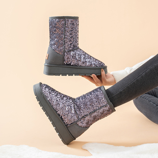 亮片雪地靴女2025冬季 厚底防滑保暖靴子 中筒加绒加厚学生棉鞋