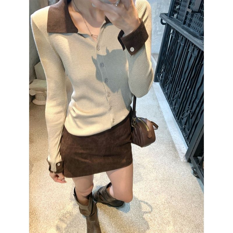 韩系POLO领拼接针织长袖T恤女