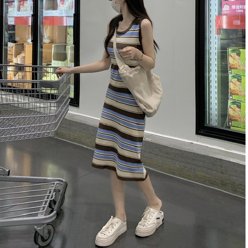 撞色条纹针织背心连衣裙女夏
