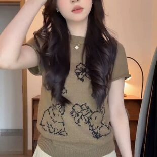 新款 法式 2026夏季 T恤女装 百搭减龄正肩漂亮上衣 复古气质针织短袖