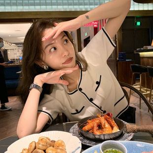 小香风宽松撞色短款 冰丝短袖 T恤上衣 2024新款 薄款 针织开衫 女夏季