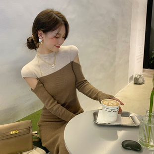 露肩毛衣针织连衣裙 长款 早初秋季 慵懒风小众设计感气质女神范修身