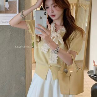 潮 V领针织衫 温柔蕾丝拼接蝴蝶结系带单排扣打底上衣女士夏季 短袖