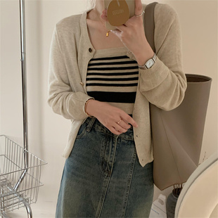 条纹吊带背心外搭披肩两件套短款 外套女夏季 上衣 气质针织开衫 法式
