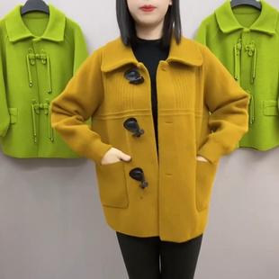 短款翻领开衫新款针织双面绒单排羊角扣长袖口袋宽松显瘦女外套厚