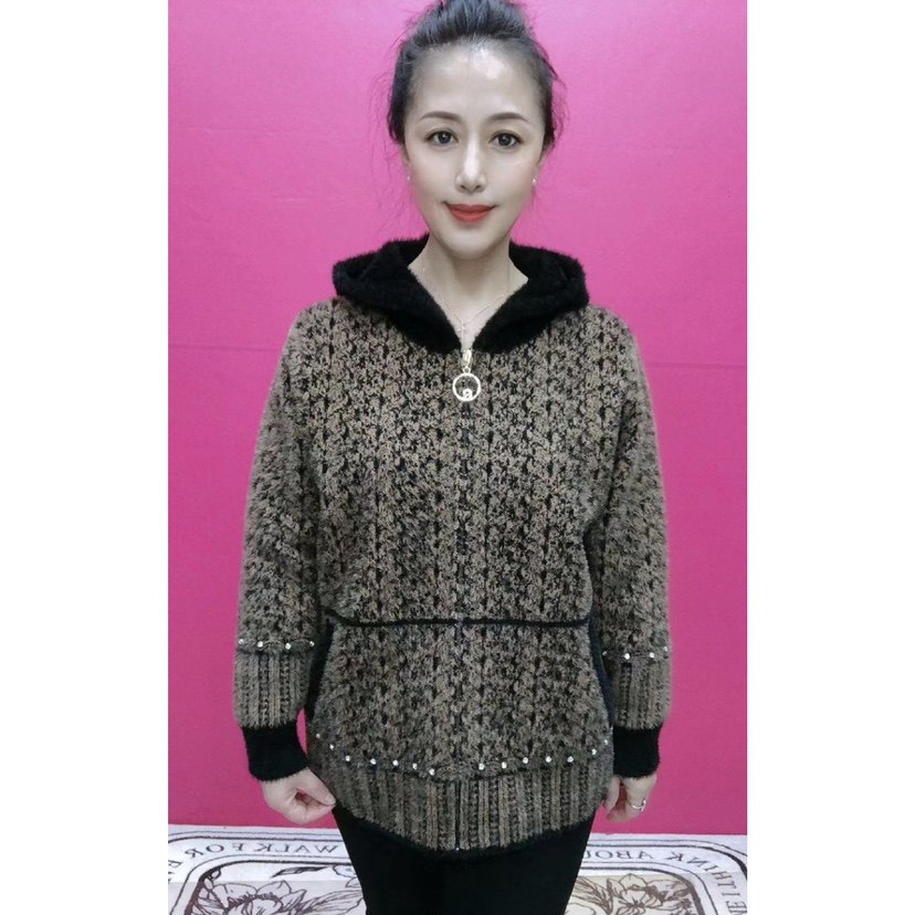 拼色菱格金貂绒拉链连帽短外套冬季加厚保暖柔软弹力中年女装开衫