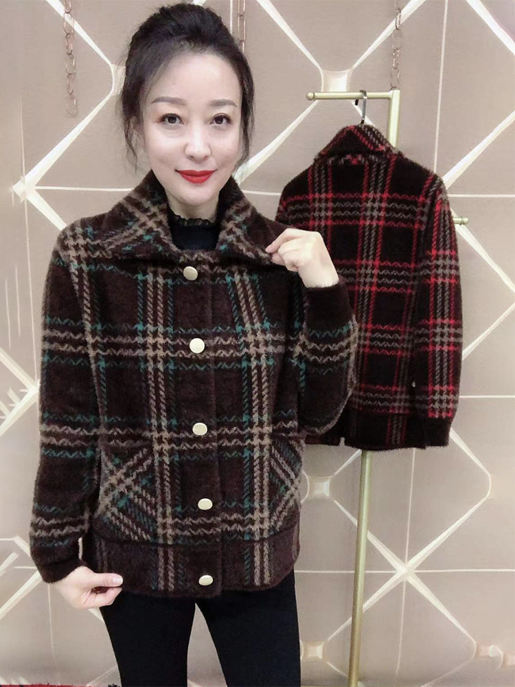 2025年冬季新款韩版金貂绒厚款短外套拼色格子宽松洋气长袖女开衫