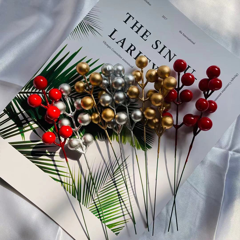 圣诞节装饰品圣诞仿真红果支浆果串diy配件花环圣诞树配饰金色银