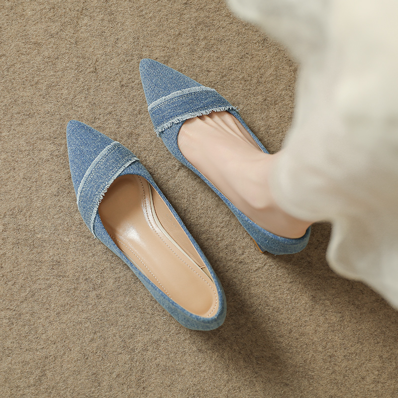 3CM蓝色牛仔布粗跟鞋女