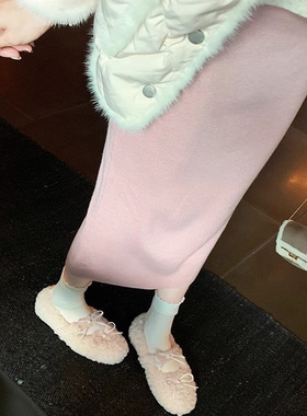 玛丽珍鞋女外穿平底蝴蝶结2025新款冬季毛毛鞋内 3CM增高小个子鞋