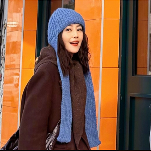 高圆圆同款蓝色针织毛线帽冬季保暖百搭气质女神绑带纯素颜帽