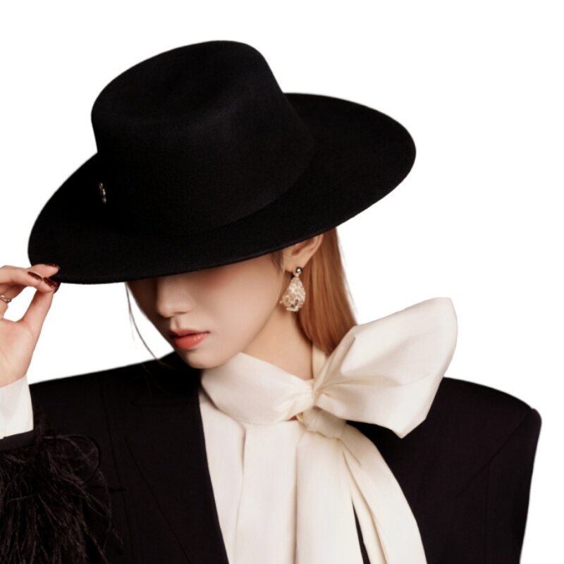 孟美岐同款黑色礼帽大帽檐气质秋冬百搭法式英伦帽羊毛混纺平顶帽