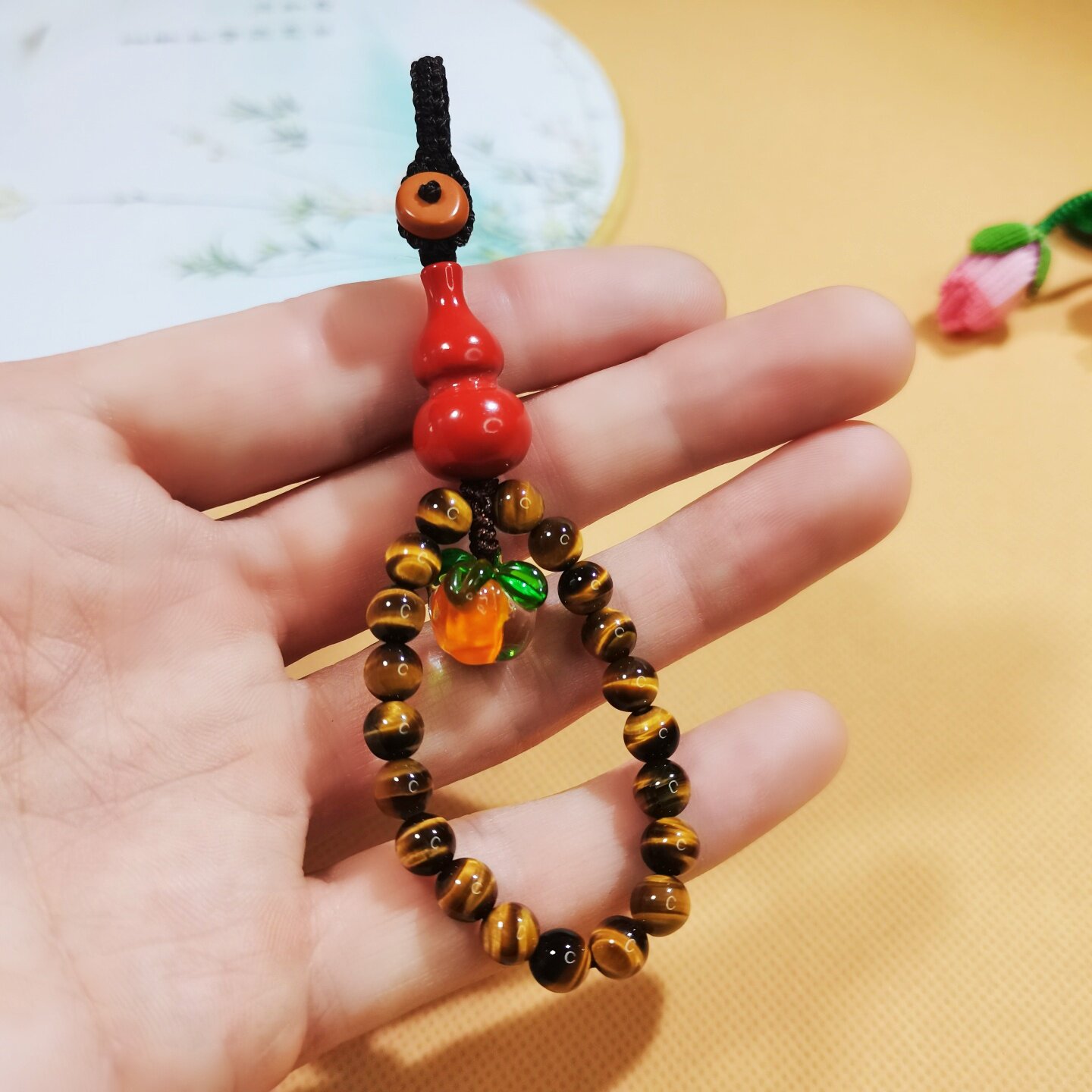 黄虎眼石朱砂葫芦钥匙扣挂链绳