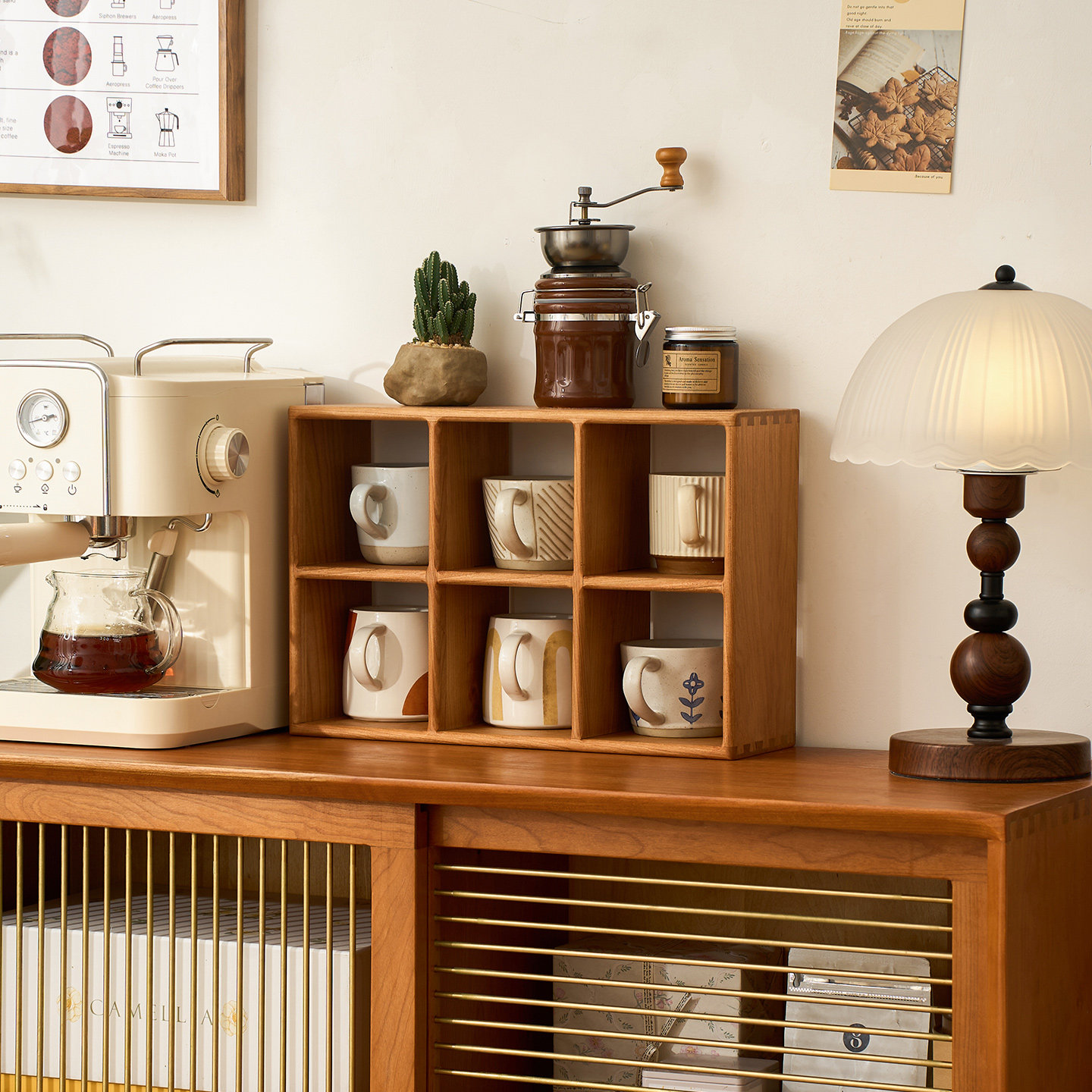 樱桃木杯子置物架多层马克杯咖啡杯收纳架桌面实木格架盲盒展示架