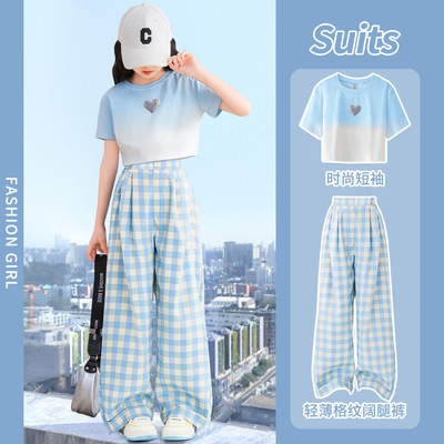 阔腿裤子2025女孩夏季学生撞色格子休闲裤女童新款宽松多巴胺童装