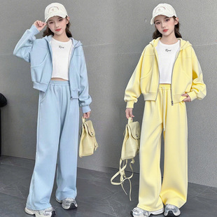 女童春秋款休闲两件套2026新款时尚阔腿裤纯色运动套装洋气潮流