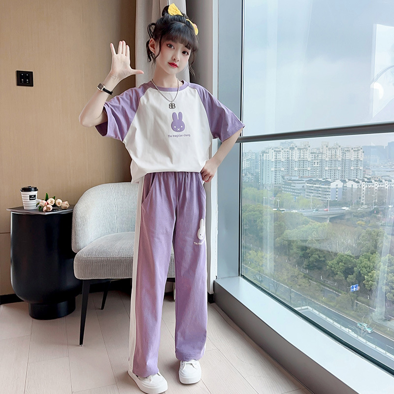 儿童衣服中大童2025新款时髦女童夏装休闲套装短袖运动两件套洋气
