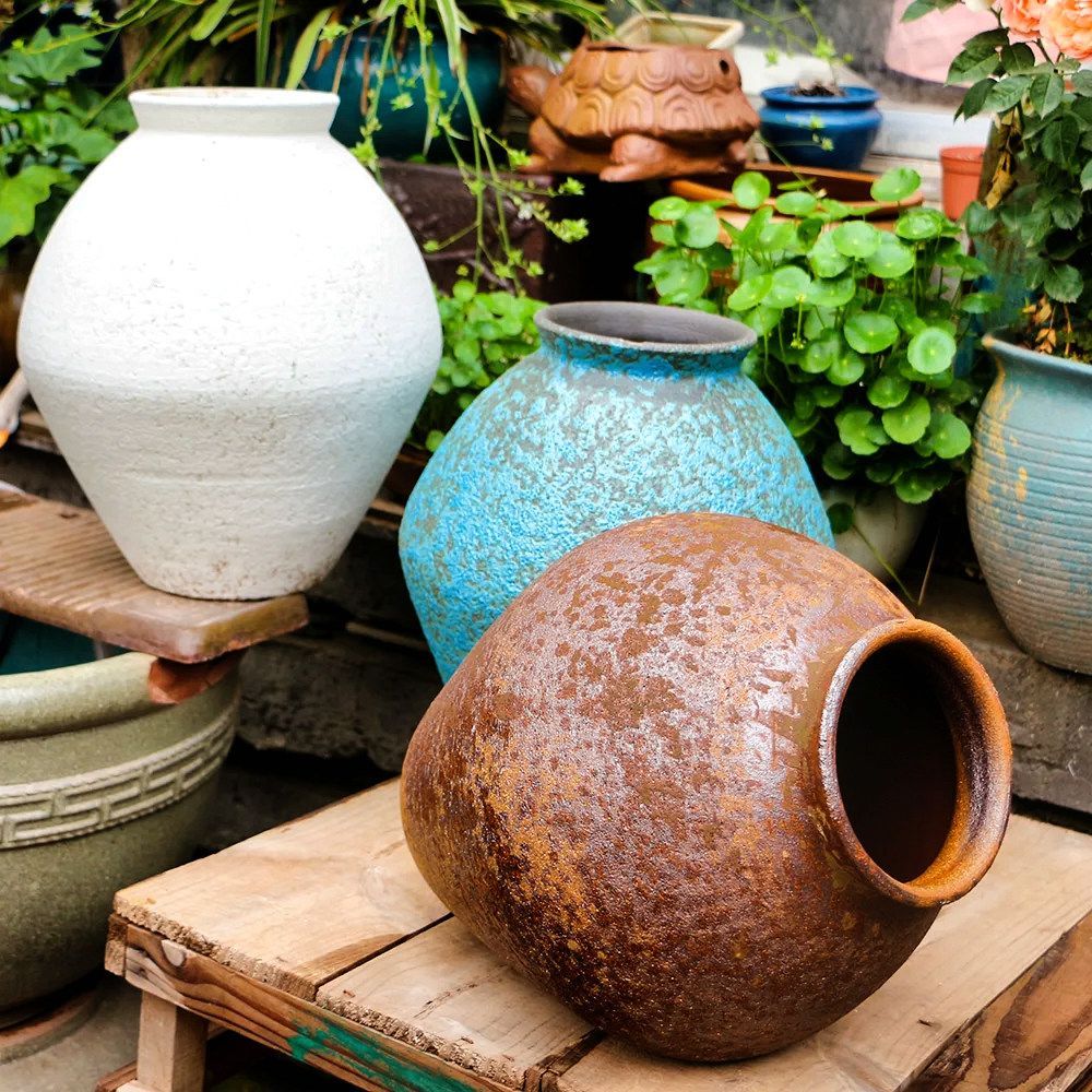 复古侘寂风装饰摆件流泉枫仿古绿植陶瓷花盆透气粗陶大号手工花盆