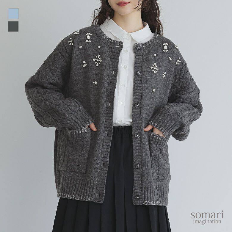 日本直邮2025冬女装代购甜美复古麻花编织宝石串珠针织衫毛衣外套