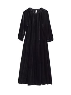 时尚女装 简约圆领黑色丝绒长袖连衣裙中长裙