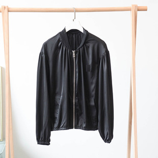 高货欧货女装 折 丝滑缎面醋酸黑色LO刺绣短款拉锁夹克外套薄款