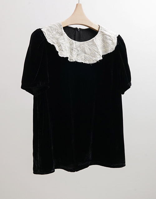 高端女装  水溶刺绣白色娃娃领黑色丝绒短袖上衣TEE