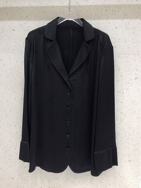 高端女装 折 丝质丝滑W提花翻领睡衣风黑色薄外套衬衫防晒空调衫