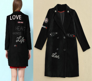 NEW 折 高端女装 字母简章刺绣贴布羊毛毛呢中长黑色大码大衣