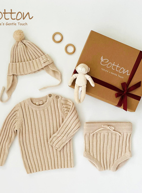 eotton婴儿礼盒线衫套装秋冬宝宝毛线上衣短裤帽子三件套高档礼物