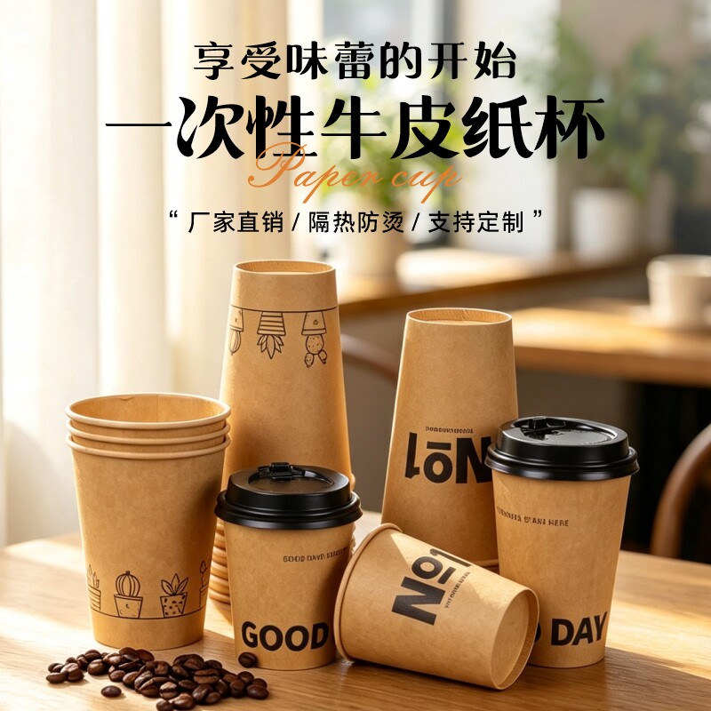 一次性纸杯牛皮杯子加厚食品级带盖商用咖啡热饮水杯饮料打包杯子