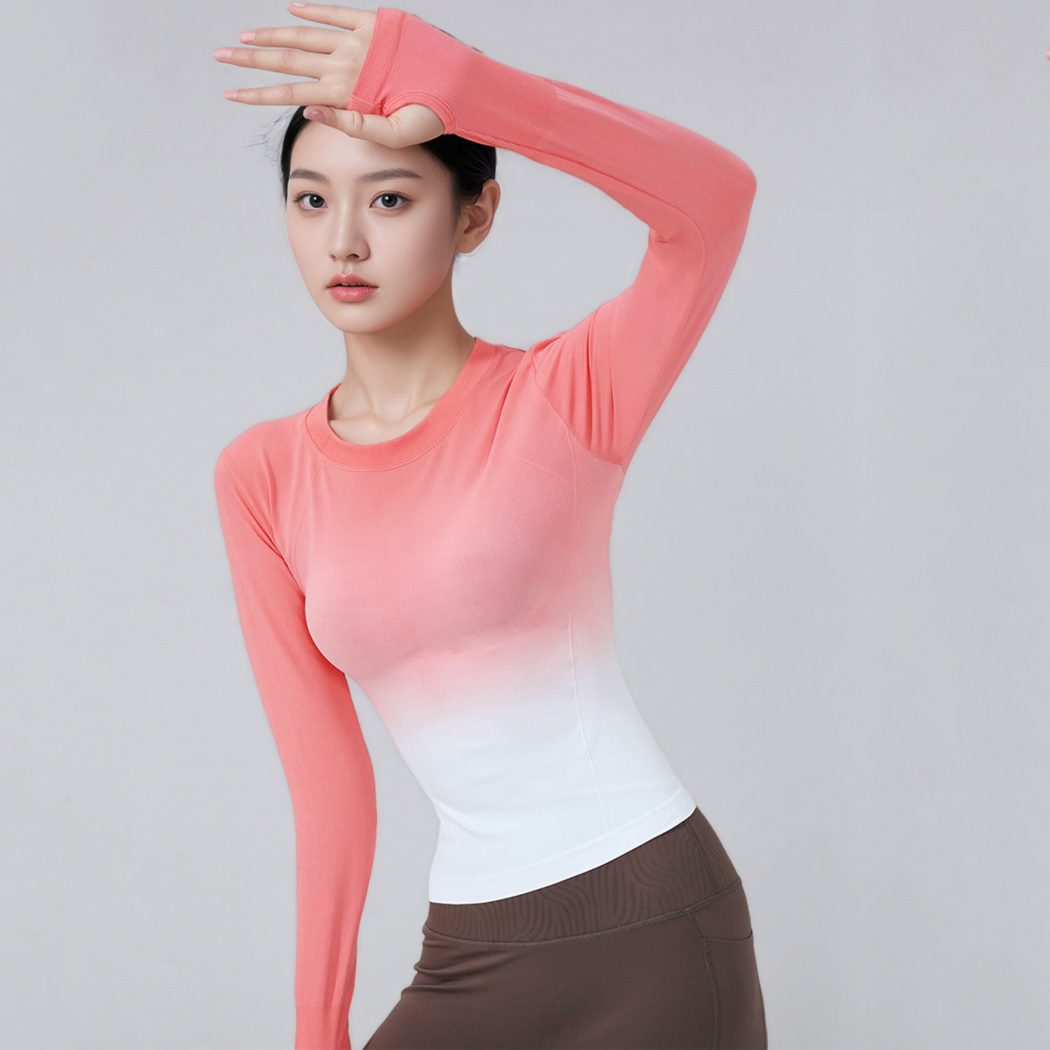 锦纶渐变色健身长袖女圆领修身透气排汗套指打底衫瑜伽运动上衣秋