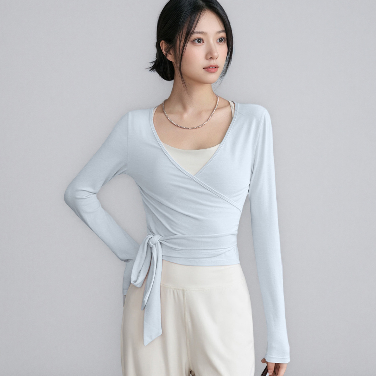 V领小众设计交叉绑带长袖健身衣