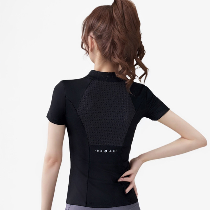 半拉链美背网孔拼接健身短袖速干吸湿排汗透气修身运动休闲服瑜伽